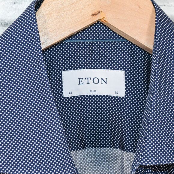 ETON Men's Slim fit Button up Shirt Navy with mini polka dots size 16 - Picture 3 of 5